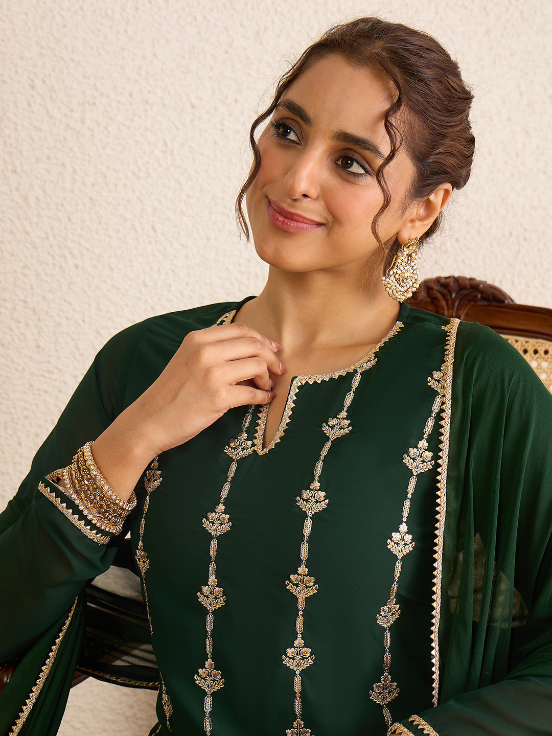 Janasya Women's Dark Green Georgette Floral Zari Embroidered Straight Kurta with Palazzo and Dupatta Set