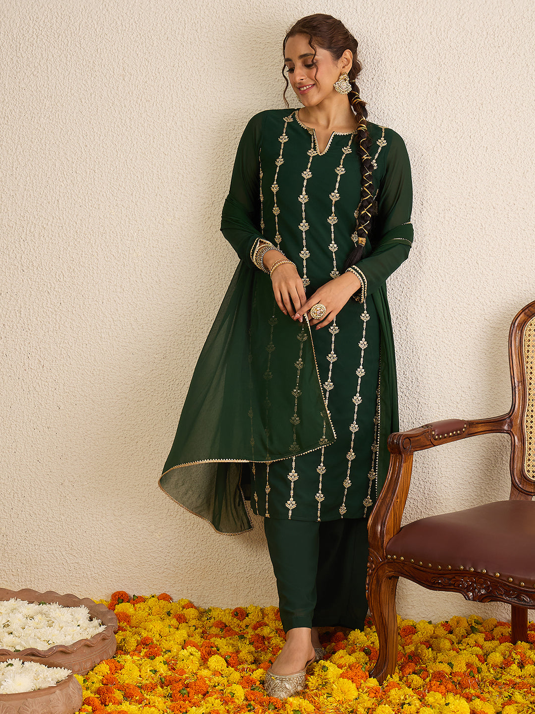Janasya Women's Dark Green Georgette Floral Zari Embroidered Straight Kurta with Palazzo and Dupatta Set