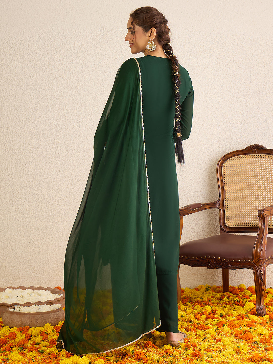 Janasya Women's Dark Green Georgette Floral Zari Embroidered Straight Kurta with Palazzo and Dupatta Set