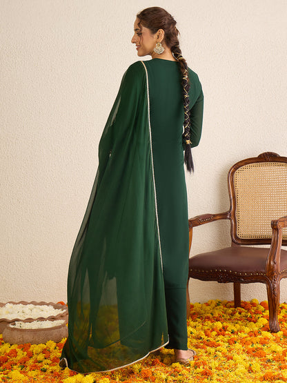 Janasya Women's Dark Green Georgette Floral Zari Embroidered Straight Kurta with Palazzo and Dupatta Set