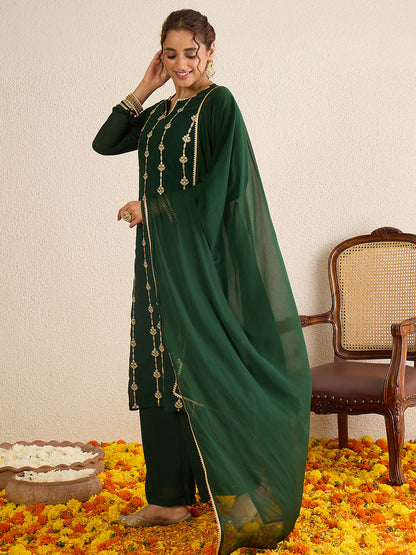 Janasya Women's Dark Green Georgette Floral Zari Embroidered Straight Kurta with Palazzo and Dupatta Set