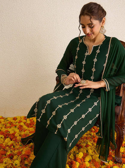 Janasya Women's Dark Green Georgette Floral Zari Embroidered Straight Kurta with Palazzo and Dupatta Set