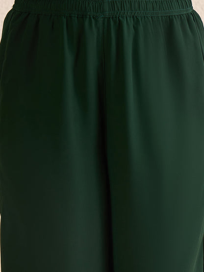 Janasya Women's Dark Green Georgette Floral Zari Embroidered Straight Kurta with Palazzo and Dupatta Set