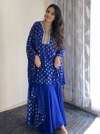 Janasya Women's Royal Blue Georgette Embellished Gold Printed A-line Kurta With Sharara & Dupatta Set