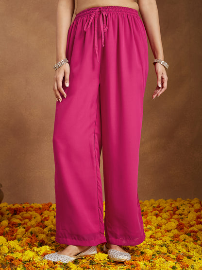 Janasya Women's Pink Georgette Embellished Straight Kurta With Palazzo Dupatta Set