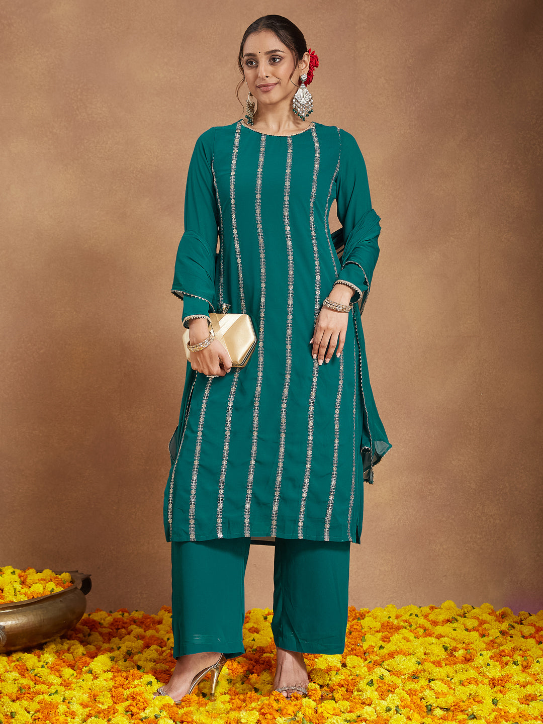 Janasya Women's Sea Green Georgette Embellished Straight Kurta With Palazzo & Dupatta Set