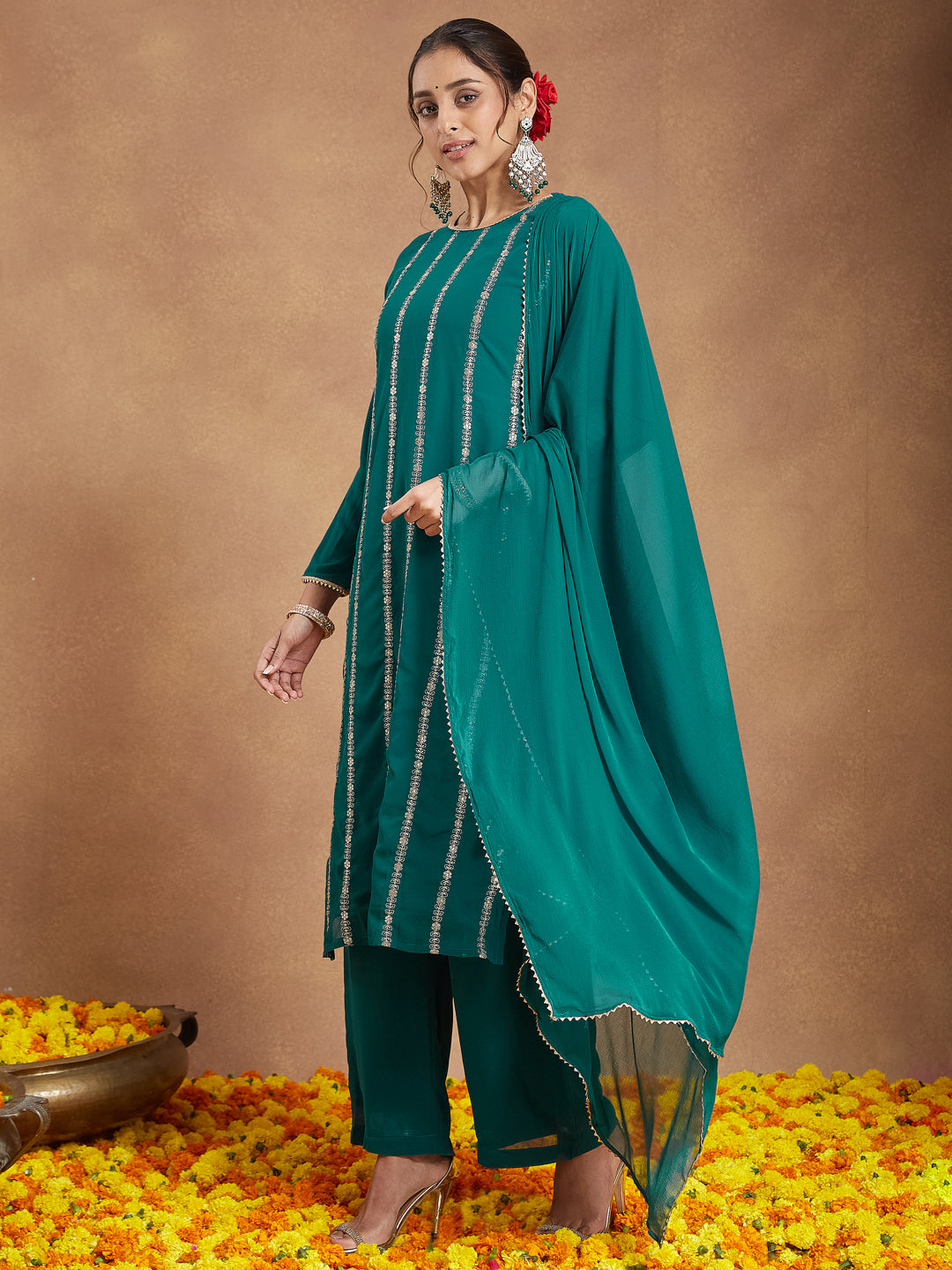 Janasya Women's Sea Green Georgette Embellished Straight Kurta With Palazzo & Dupatta Set