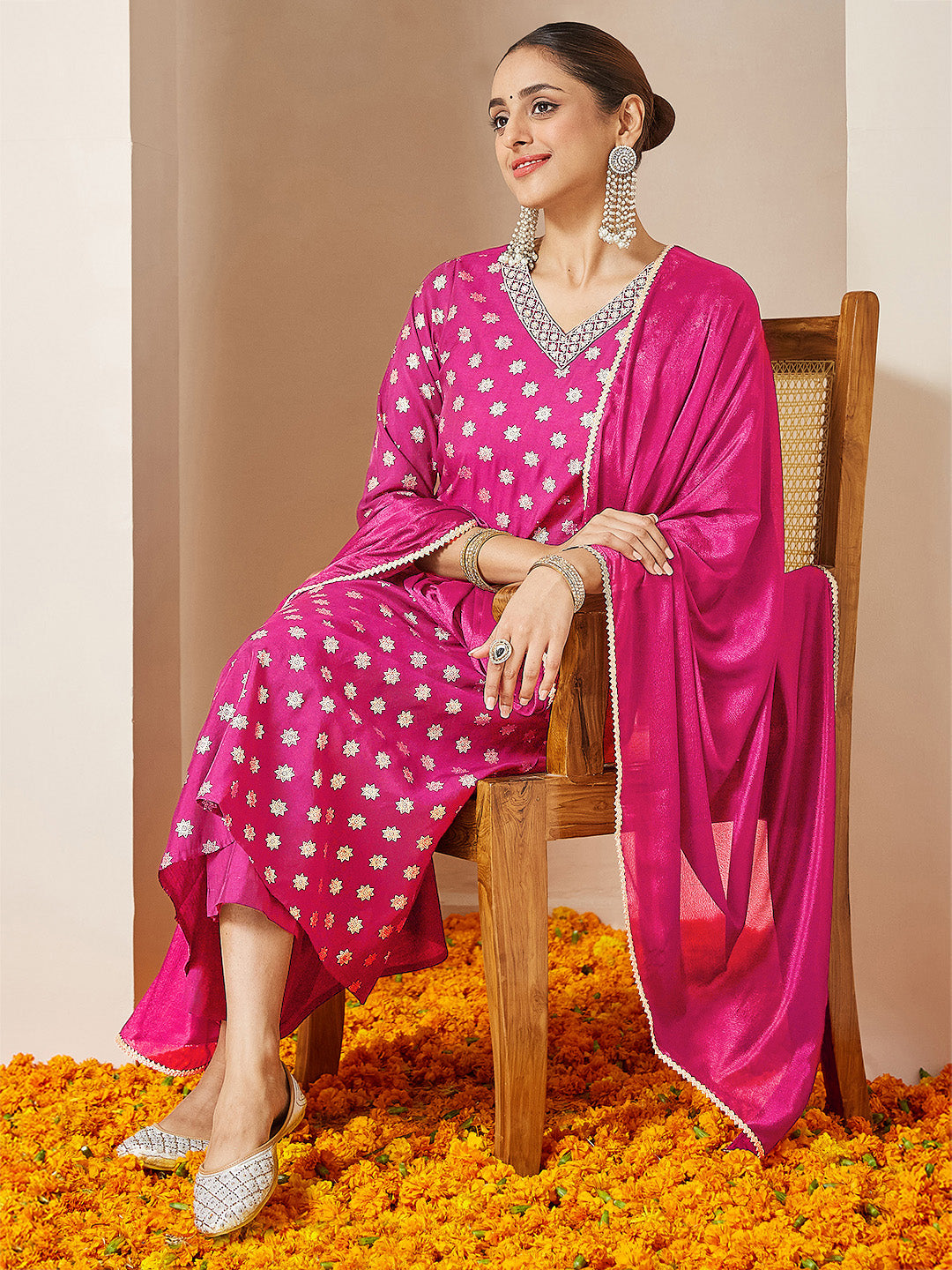 Janasya Women's Pink Chanderi Silk Foil Printed Embroidered A-line Kurta Set