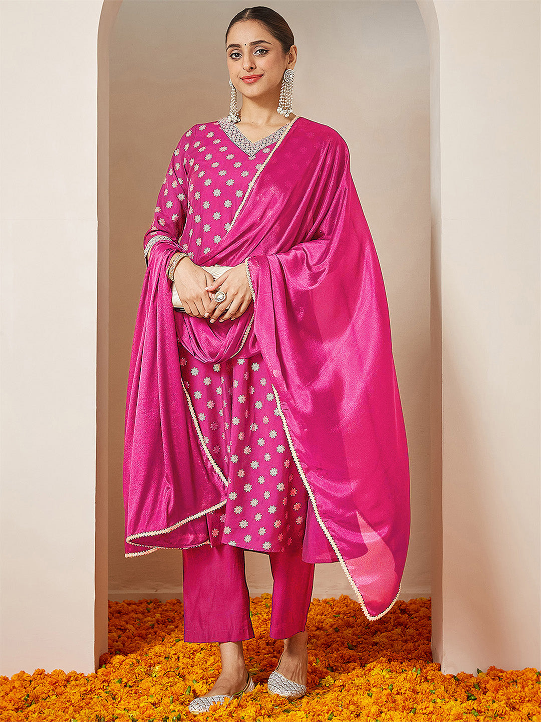 Janasya Women's Pink Chanderi Silk Foil Printed Embroidered A-line Kurta Set