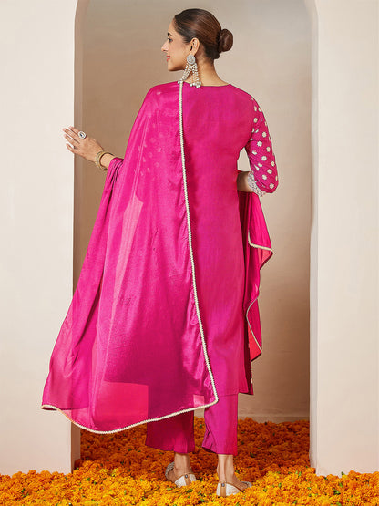 Janasya Women's Pink Chanderi Silk Foil Printed Embroidered A-line Kurta Set