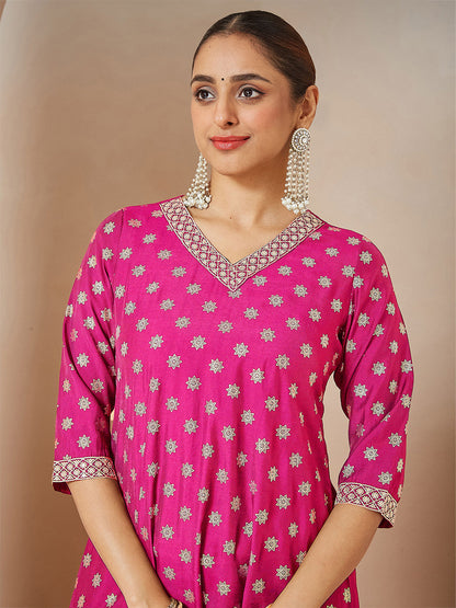 Janasya Women's Pink Chanderi Silk Foil Printed Embroidered A-line Kurta Set