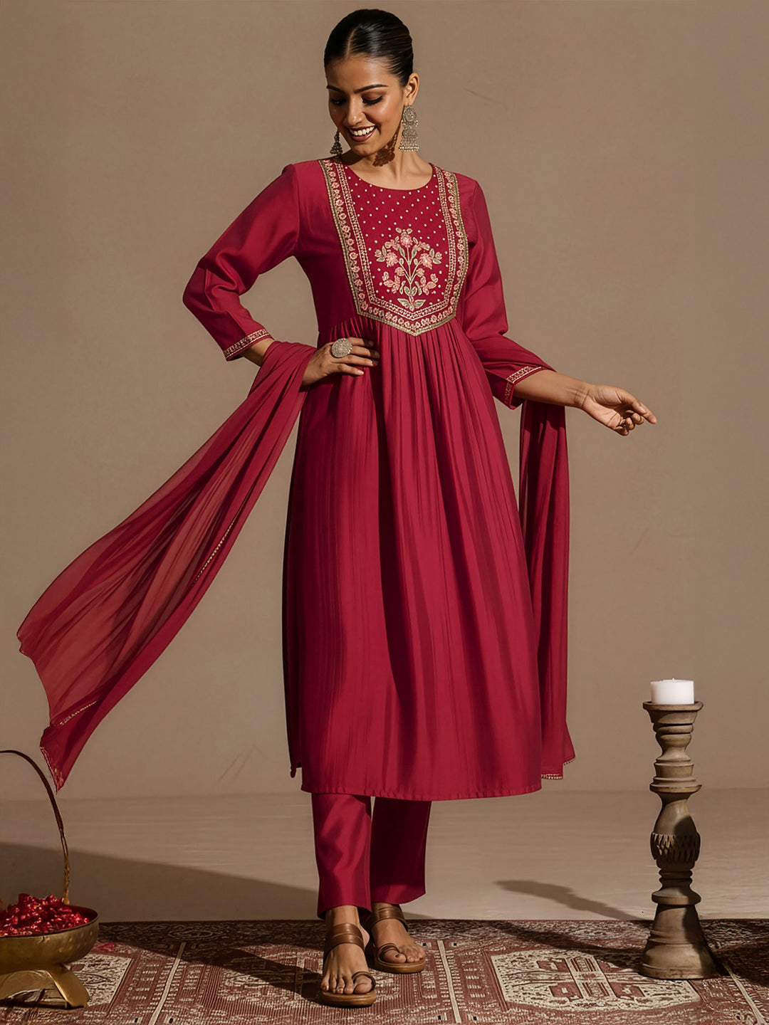 Janasya Women's Red Silk Blend Embroidered Straight Kurta Set