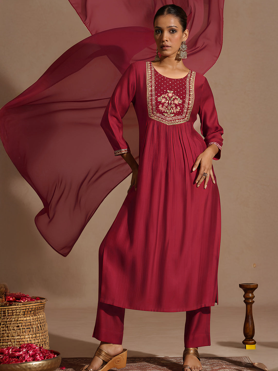 Janasya Women's Red Silk Blend Embroidered Straight Kurta Set