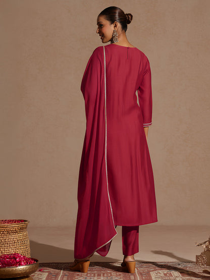 Janasya Women's Red Silk Blend Embroidered Straight Kurta Set