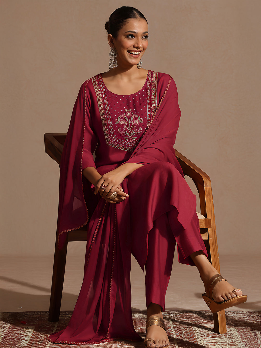 Janasya Women's Red Silk Blend Embroidered Straight Kurta Set