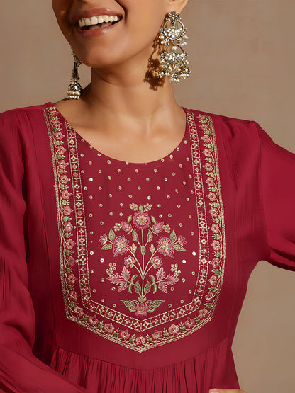 Janasya Women's Red Silk Blend Embroidered Straight Kurta Set