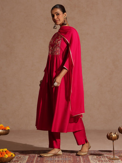 Janasya Women's Pink Silk Blend Yoke Embroidered A-line Kurta Set