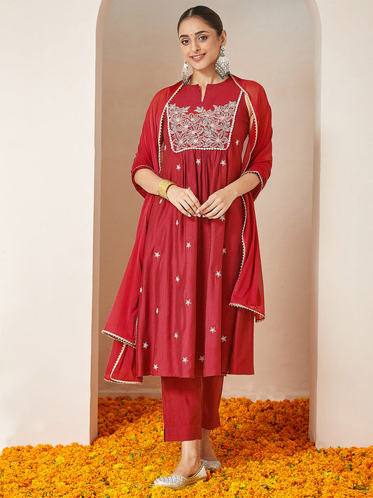 Janasya Women's Red Silk Blend Embroidered A-line Kurta Set