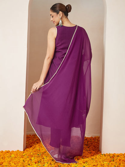Janasya Women's Purple Silk Blend Embroidered Straight Kurta Set