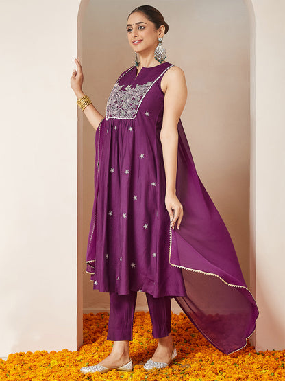 Janasya Women's Purple Silk Blend Embroidered Straight Kurta Set