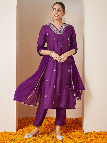 Janasya Women's Purple Silk Blend Embroidered A-line Kurta Set