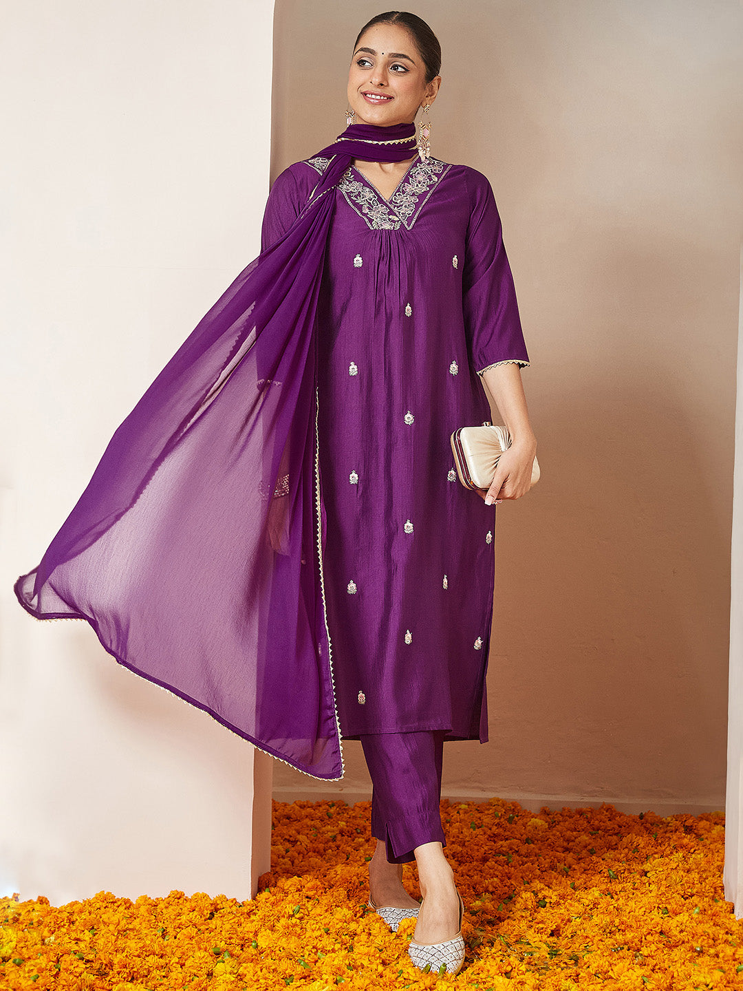 Janasya Women's Purple Silk Blend Embroidered A-line Kurta Set