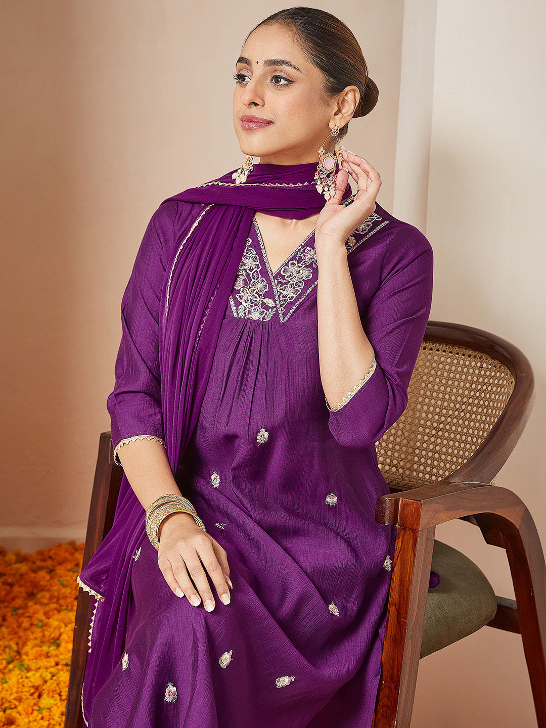 Janasya Women's Purple Silk Blend Embroidered A-line Kurta Set