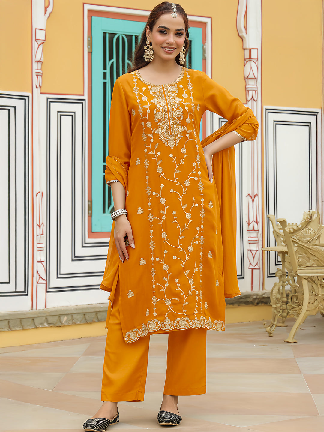 Janasya Women's Mustard Silk Blend Zari Embroidered Straight Kurta Set