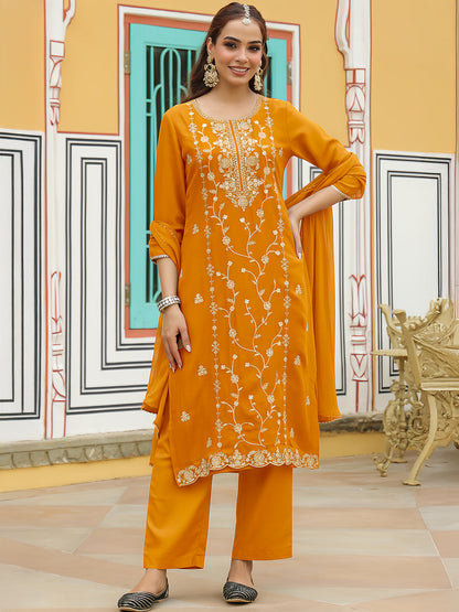 Janasya Women's Mustard Silk Blend Zari Embroidered Straight Kurta Set