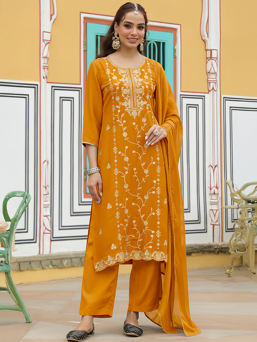 Janasya Women's Mustard Silk Blend Zari Embroidered Straight Kurta Set
