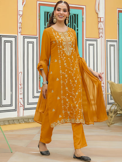 Janasya Women's Mustard Silk Blend Zari Embroidered Straight Kurta Set