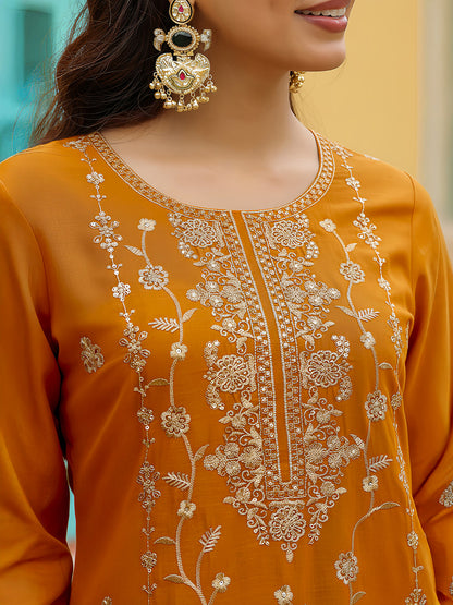 Janasya Women's Mustard Silk Blend Zari Embroidered Straight Kurta Set