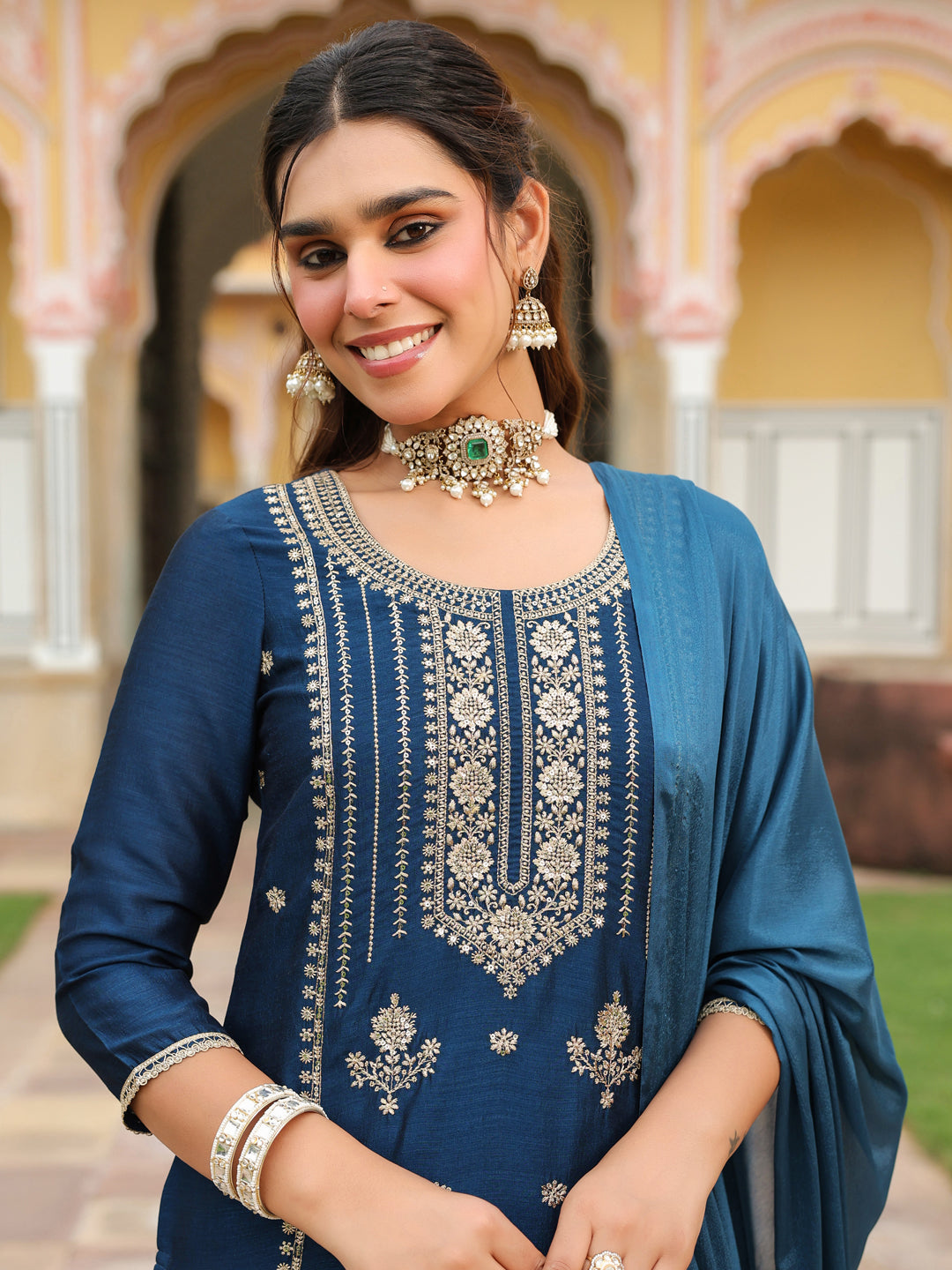 Janasya Women's Teal Blue Silk Blend Zari Embroidered Straight Kurta Set