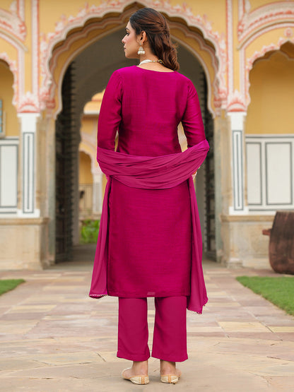 Janasya Women's Pink Silk Blend Zari Embroidered Straight Kurta Set