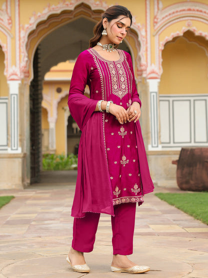 Janasya Women's Pink Silk Blend Zari Embroidered Straight Kurta Set