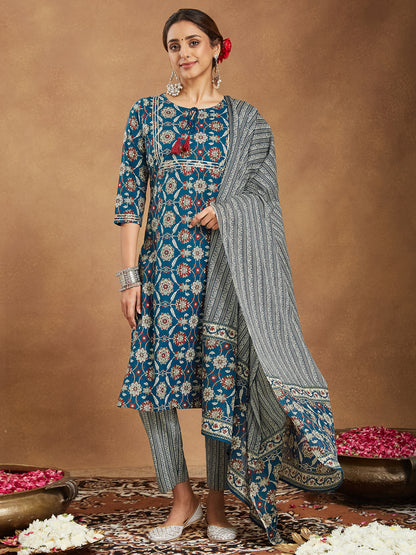 Janasya Women's Teal Blue Pure Cotton Floral Printed Straight Kurta Set