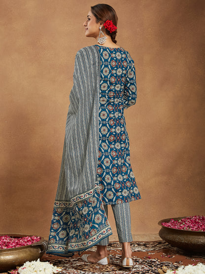 Janasya Women's Teal Blue Pure Cotton Floral Printed Straight Kurta Set