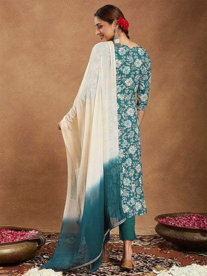Janasya Women's Teal Green Pure Cotton Yoke Embroidered Floral Printed Anarkali Kurta Set