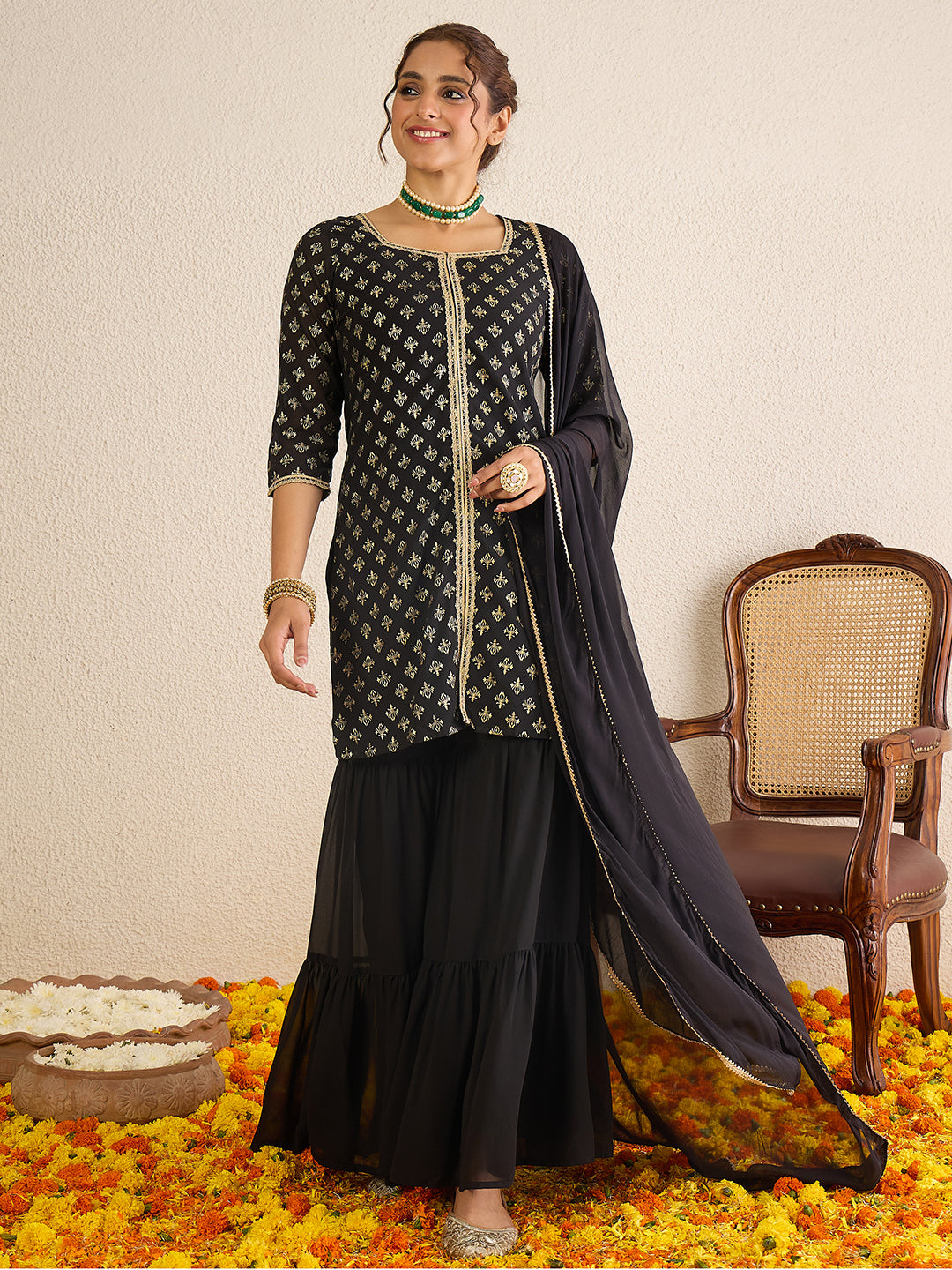 Janasya Women's Black Georgette Embellished Foil Printed Straight Kurta with Sharara and Dupatta Set