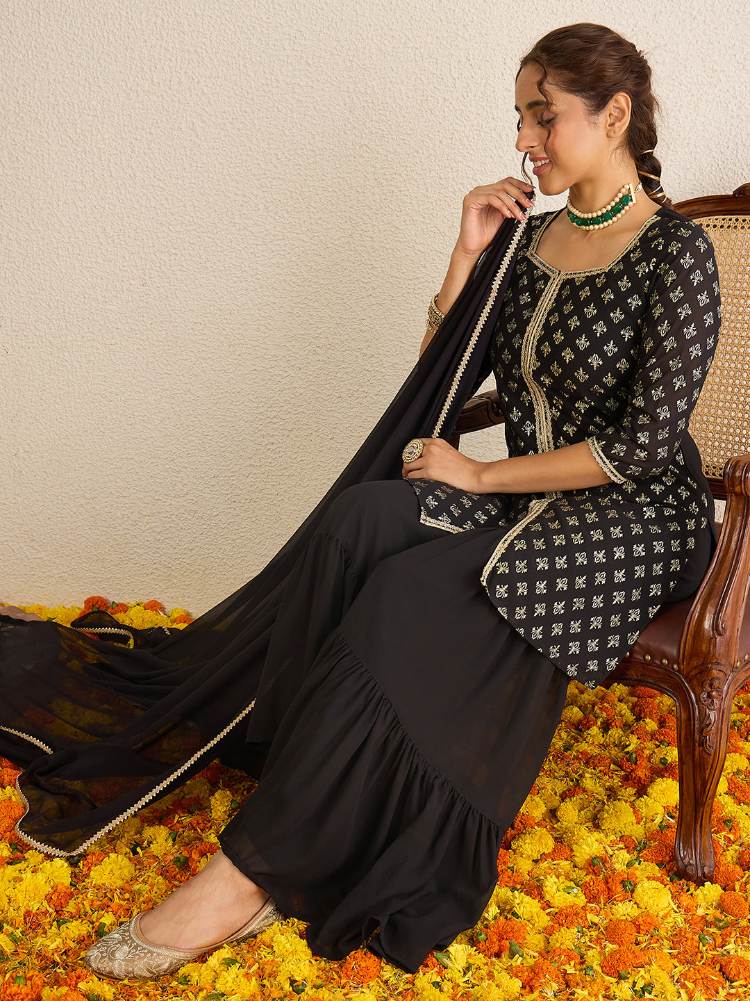 Janasya Women's Black Georgette Embellished Foil Printed Straight Kurta with Sharara and Dupatta Set