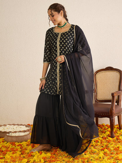 Janasya Women's Black Georgette Embellished Foil Printed Straight Kurta with Sharara and Dupatta Set