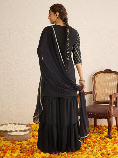 Janasya Women's Black Georgette Embellished Foil Printed Straight Kurta with Sharara and Dupatta Set