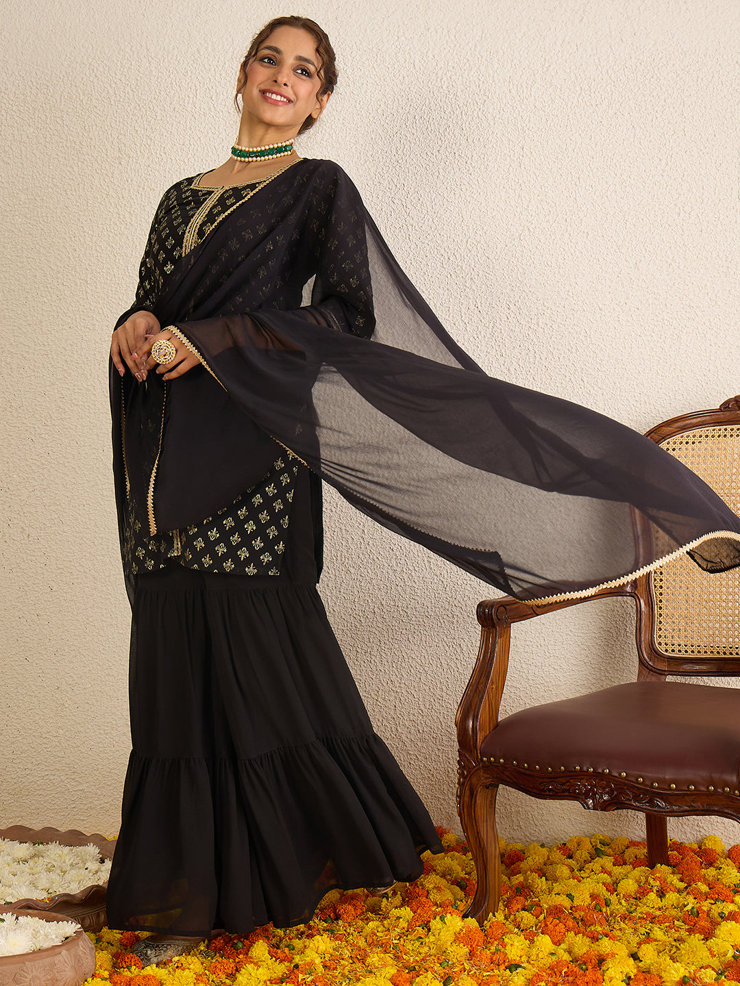 Janasya Women's Black Georgette Embellished Foil Printed Straight Kurta with Sharara and Dupatta Set