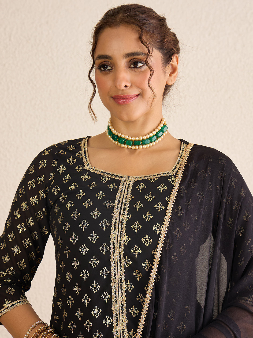 Janasya Women's Black Georgette Embellished Foil Printed Straight Kurta with Sharara and Dupatta Set