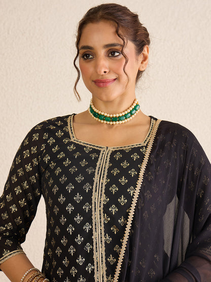 Janasya Women's Black Georgette Embellished Foil Printed Straight Kurta with Sharara and Dupatta Set