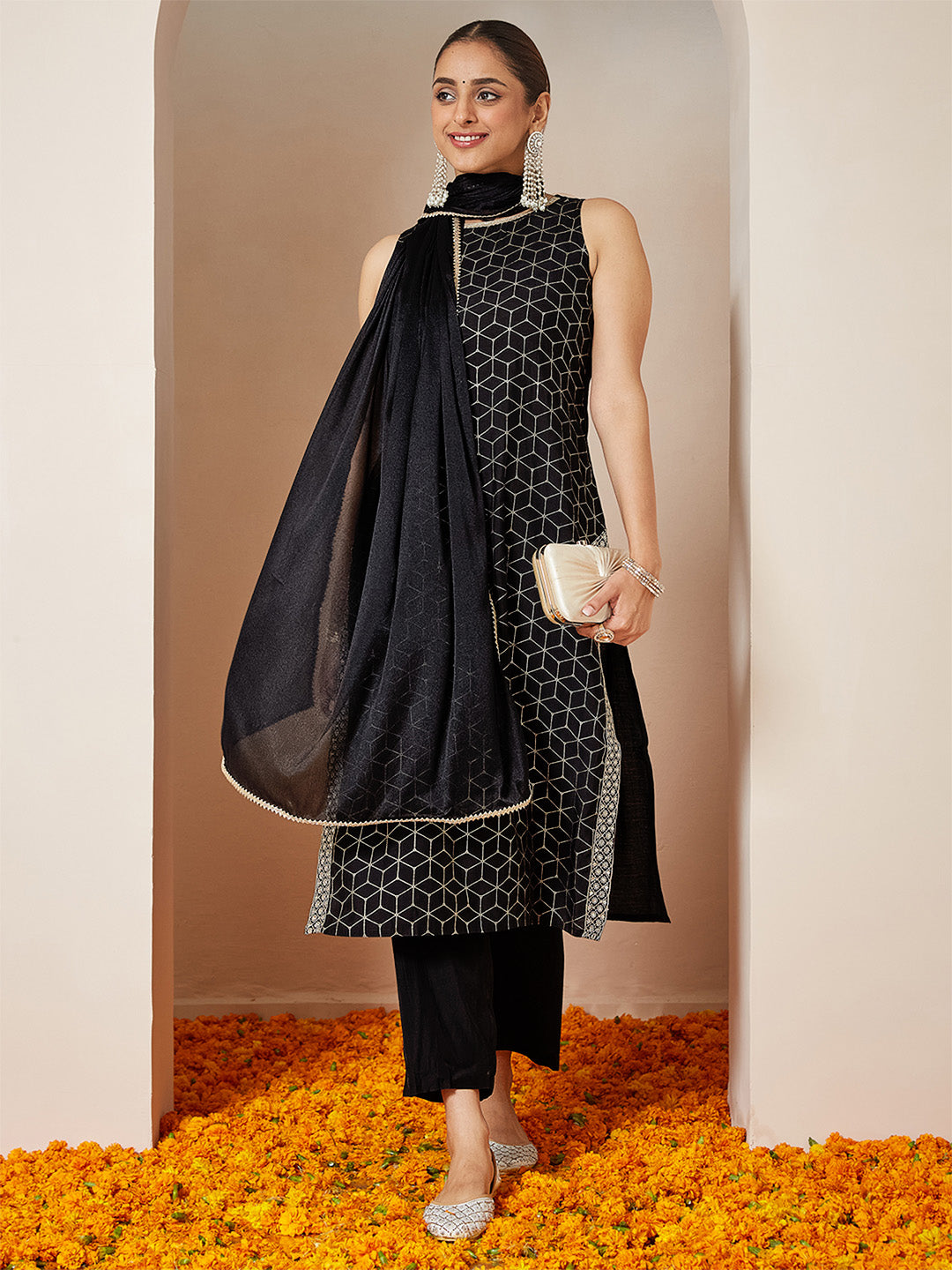 Janasya Women's Black Chanderi Silk Embellished Gold Printed Straight Kurta Set