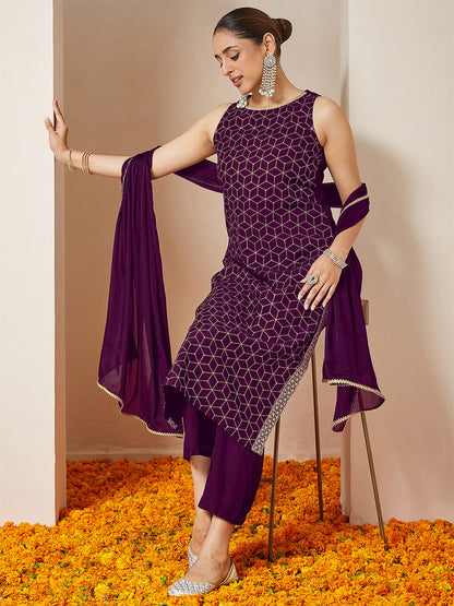 Janasya Women's Purple Chanderi Silk Embellished Gold Printed Straight Kurta Set