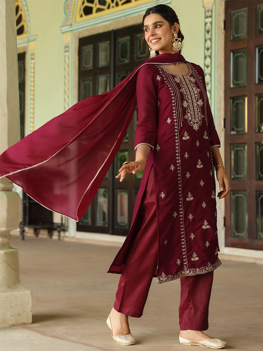 Janasya Women's Maroon Silk Blend Zari Embroidered Straight Kurta Set With Dupatta