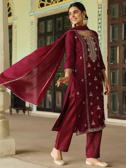 Janasya Women's Maroon Silk Blend Zari Embroidered Straight Kurta Set With Dupatta