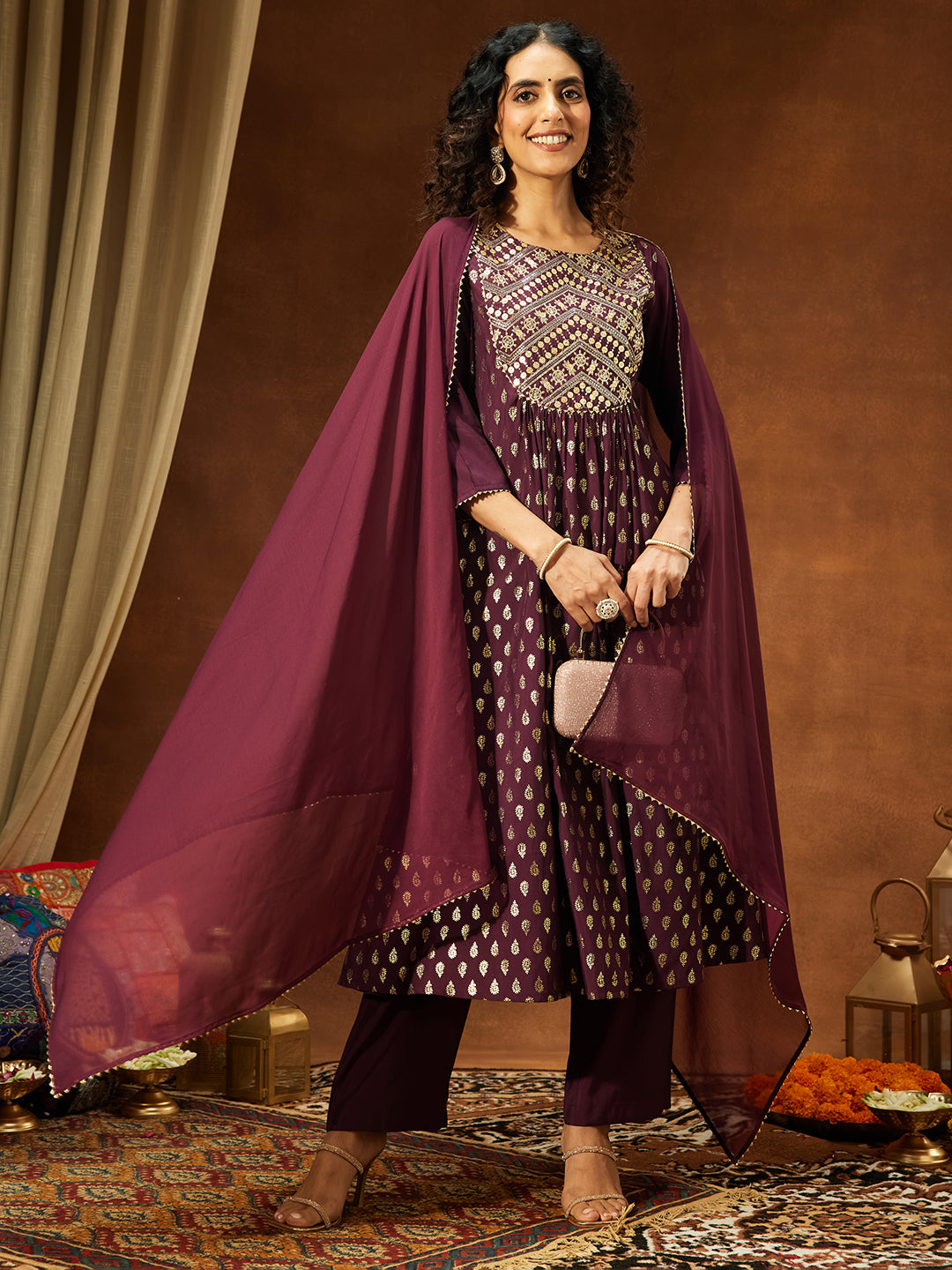 Janasya Women's Wine Silk Blend Paisley Foil Print A-Line Kurta Set